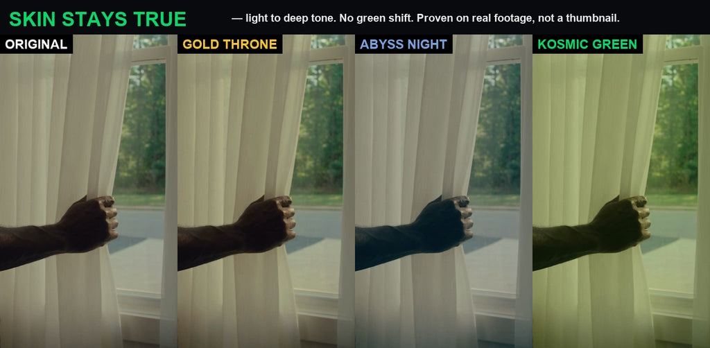 SKIN STAYS TRUE — light to deep tone, no green shift, all 3 grades